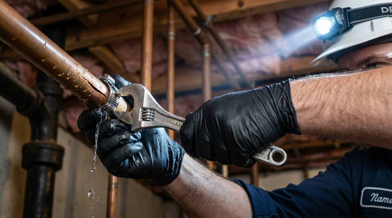 Emergency pipe clamp repair being performed by a Johns Plumbing LLC plumber in Fort Washakie