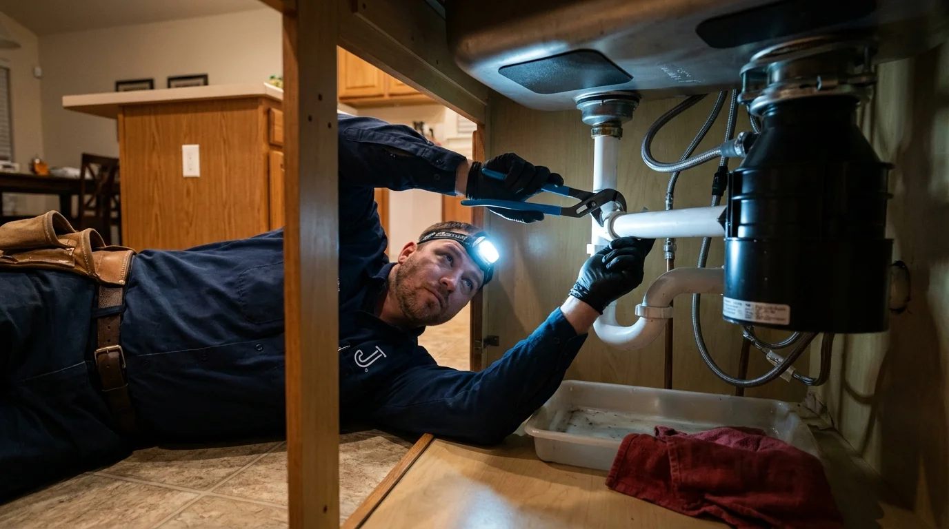 P-trap and supply line connections under a kitchen sink showing a common leak point in Fort Washakie, WY